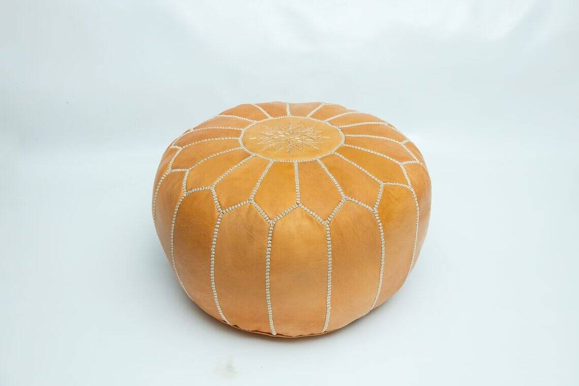 Moroccan leather pouf, Moroccan ottoman pouf, yellow Moroccan pouf, vintage
