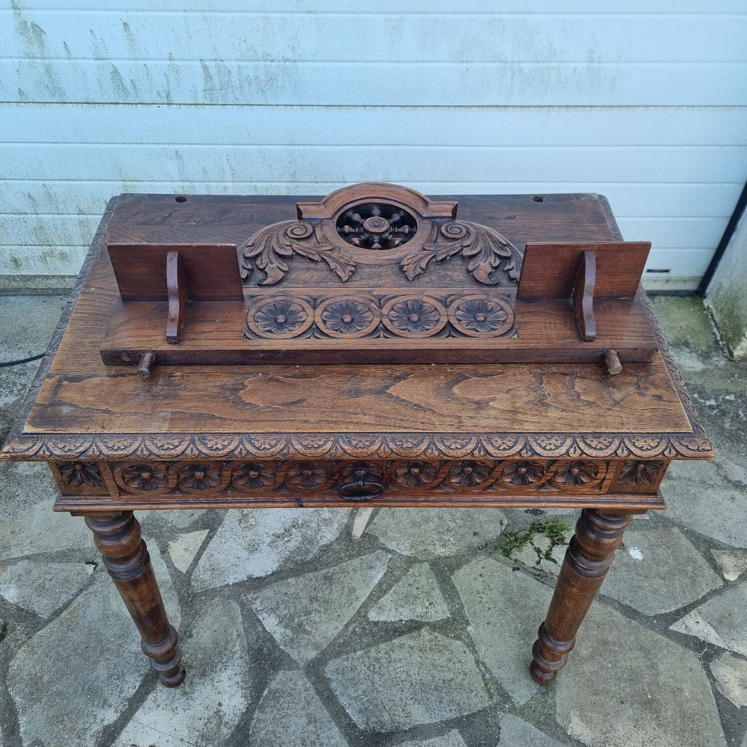 Carved oak desk from Brittany, early 20th century.
