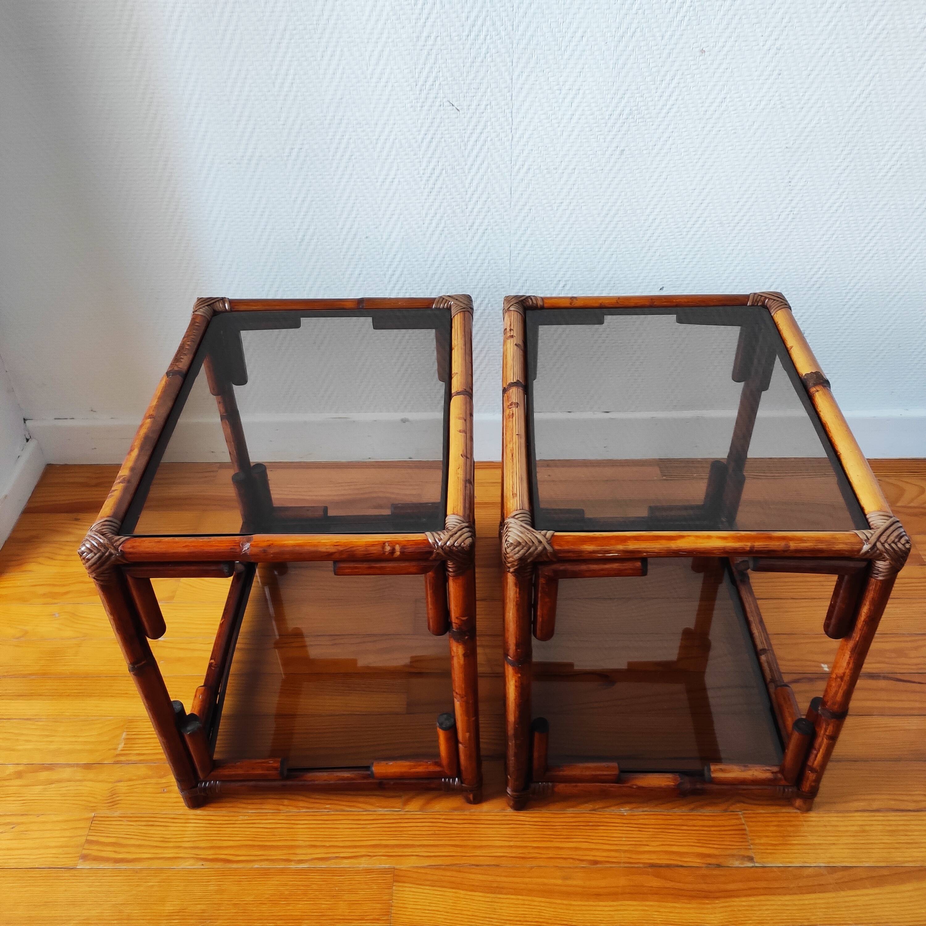 Pair of bedside tables - rattan smoked glass side tables vintage 70s-80s
