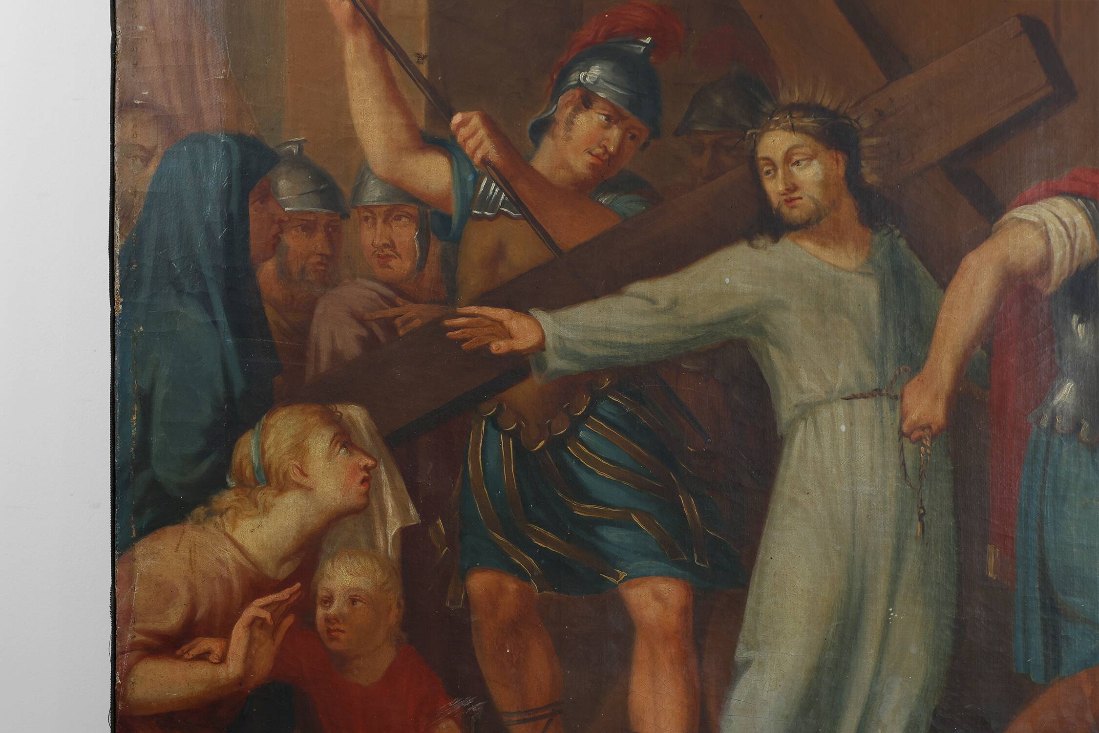 Peinture religieuse de la Passion du Christ à l'huile sur toile, Belgique vers 1900