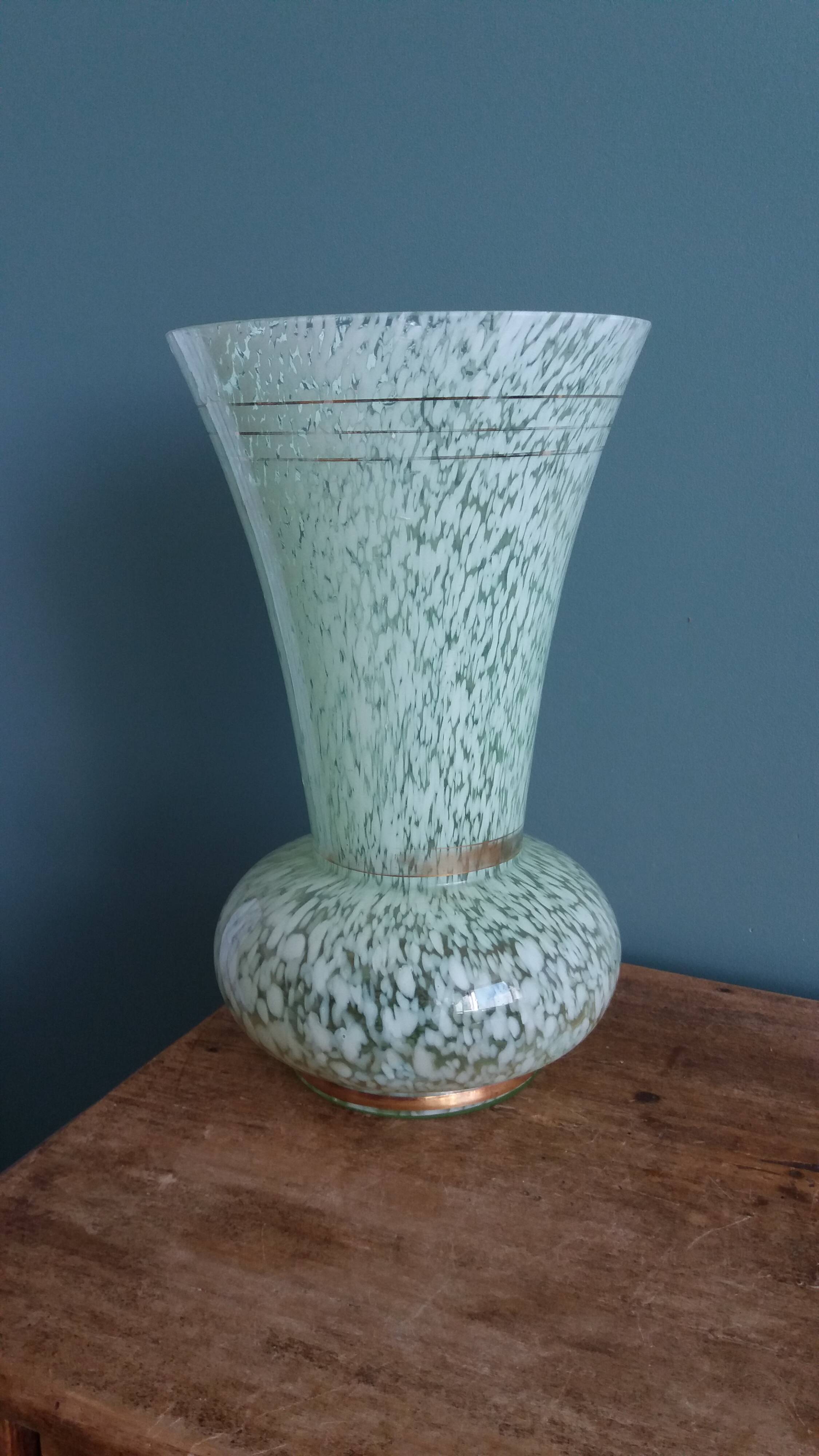 Green speckled glass vase from Clichy with gold threads.
