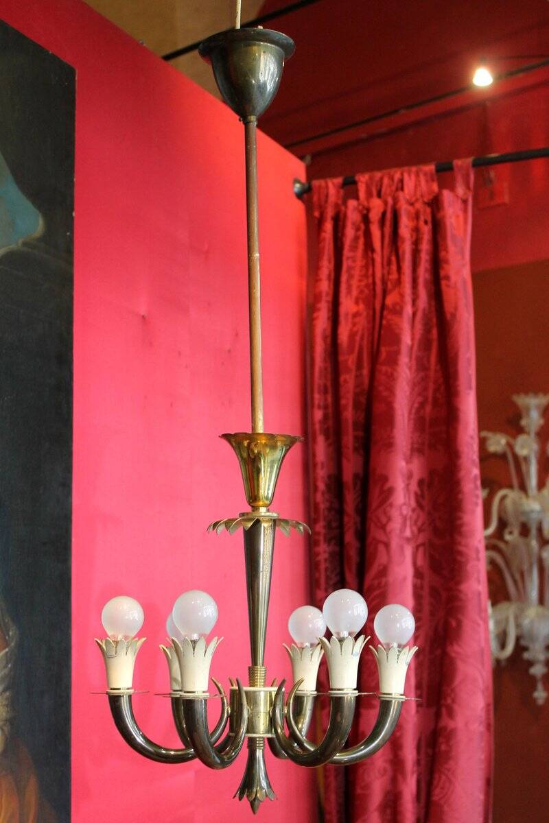 Art Deco Italian Brass 6-Lights Chandelier attributed to Gio Ponti for Lanci, 1930s