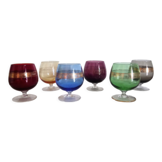 Set of 6 colored glasses for aperitif, Murano glass with golden-patterned edge