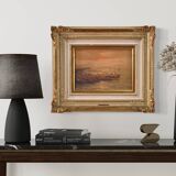 Seascape painting signed by Remo Testa, fishermen at sunset