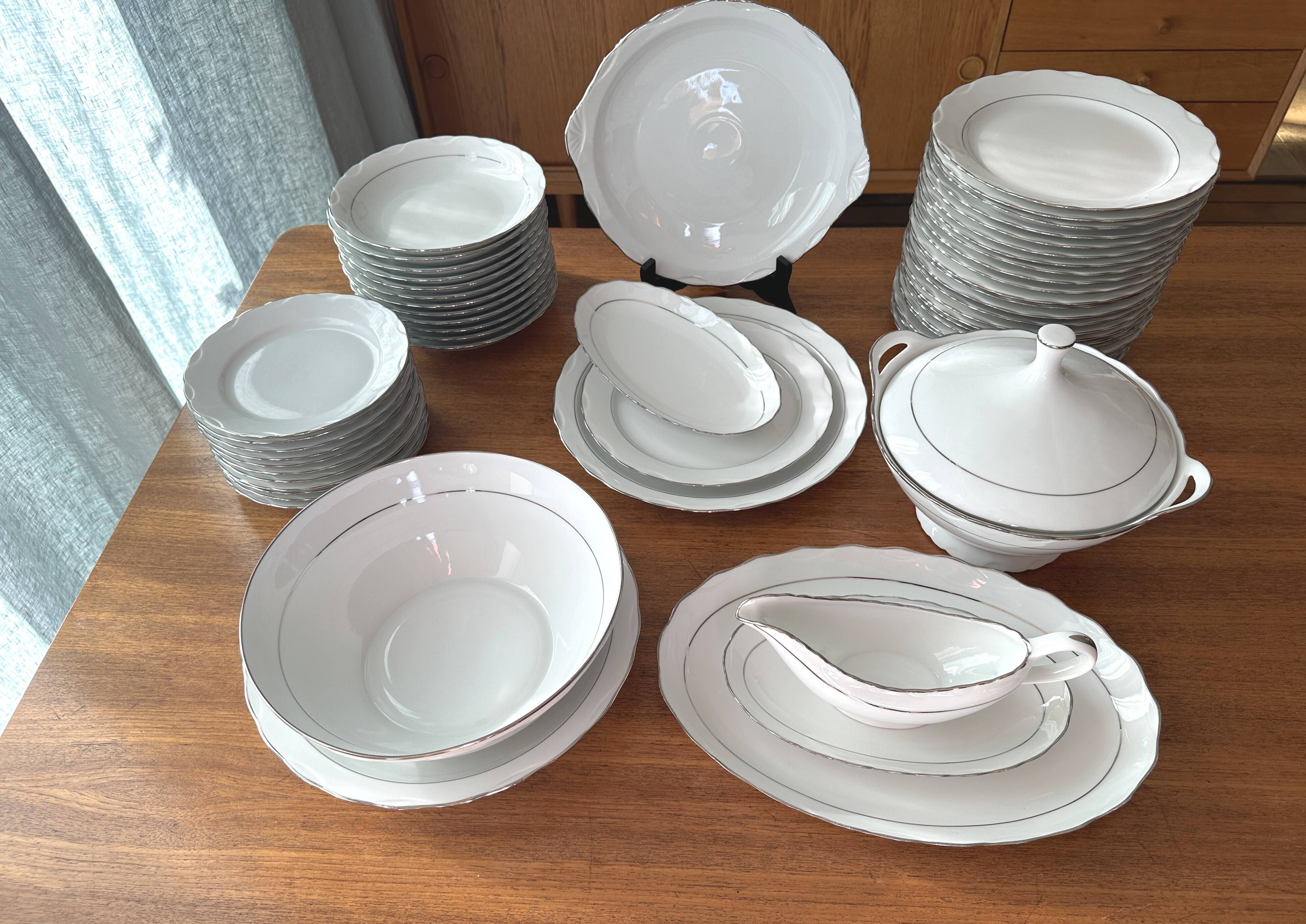 White and silver table service, Limoges porcelain, 56 pieces - in good condition.