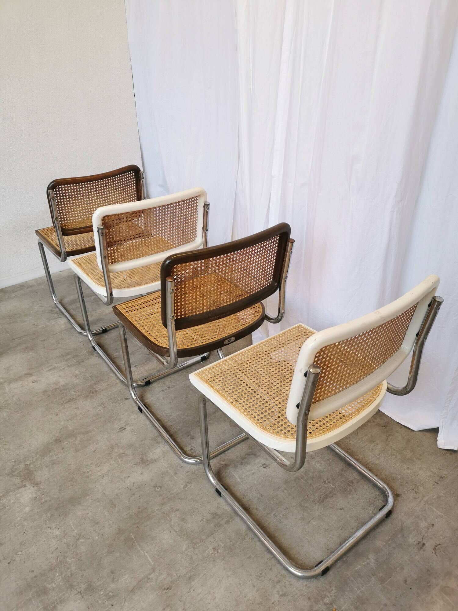 Set of 4 vintage cesca dining chairs / 2 brown 2 white / cane seat mid-century
