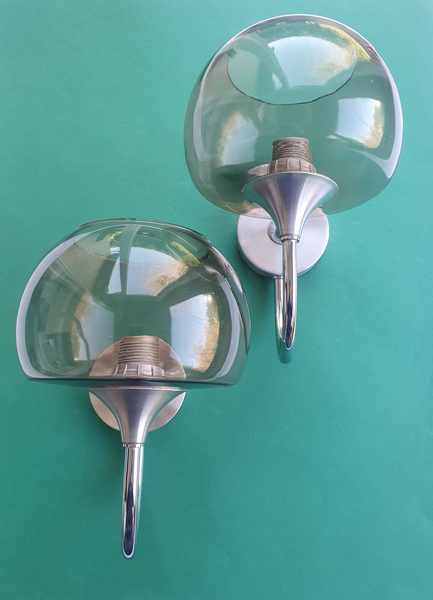 Pair of chrome metal and smoked glass wall lights from the 80s