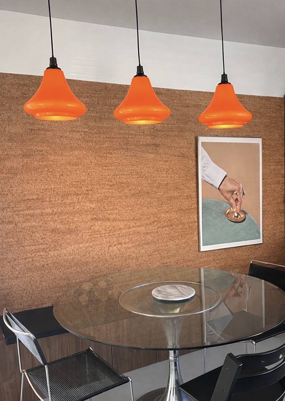 Set of three orange opaline suspensions from the 1970s Space Age.