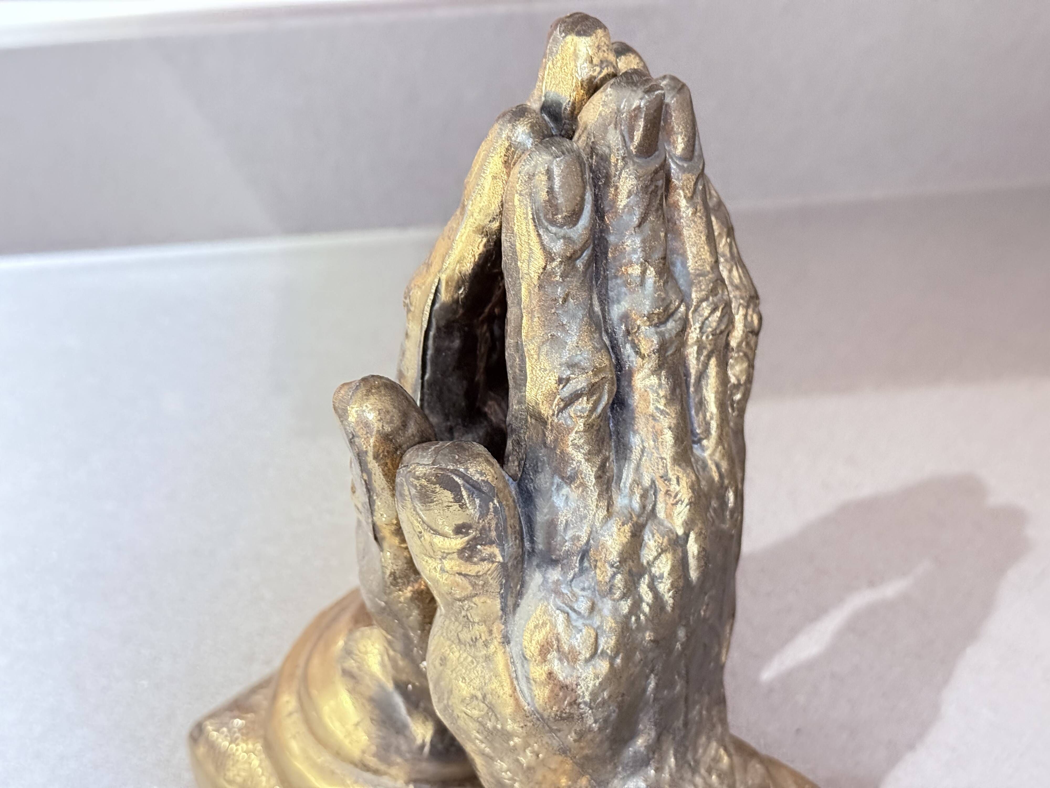 Vintage Gold-Tone Bookend Praying Hands Decorative Bronze Sculptural Book Holder