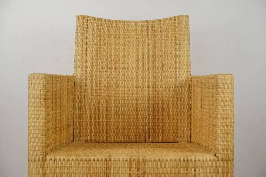 Bridge-style armchair in wood and woven rattan