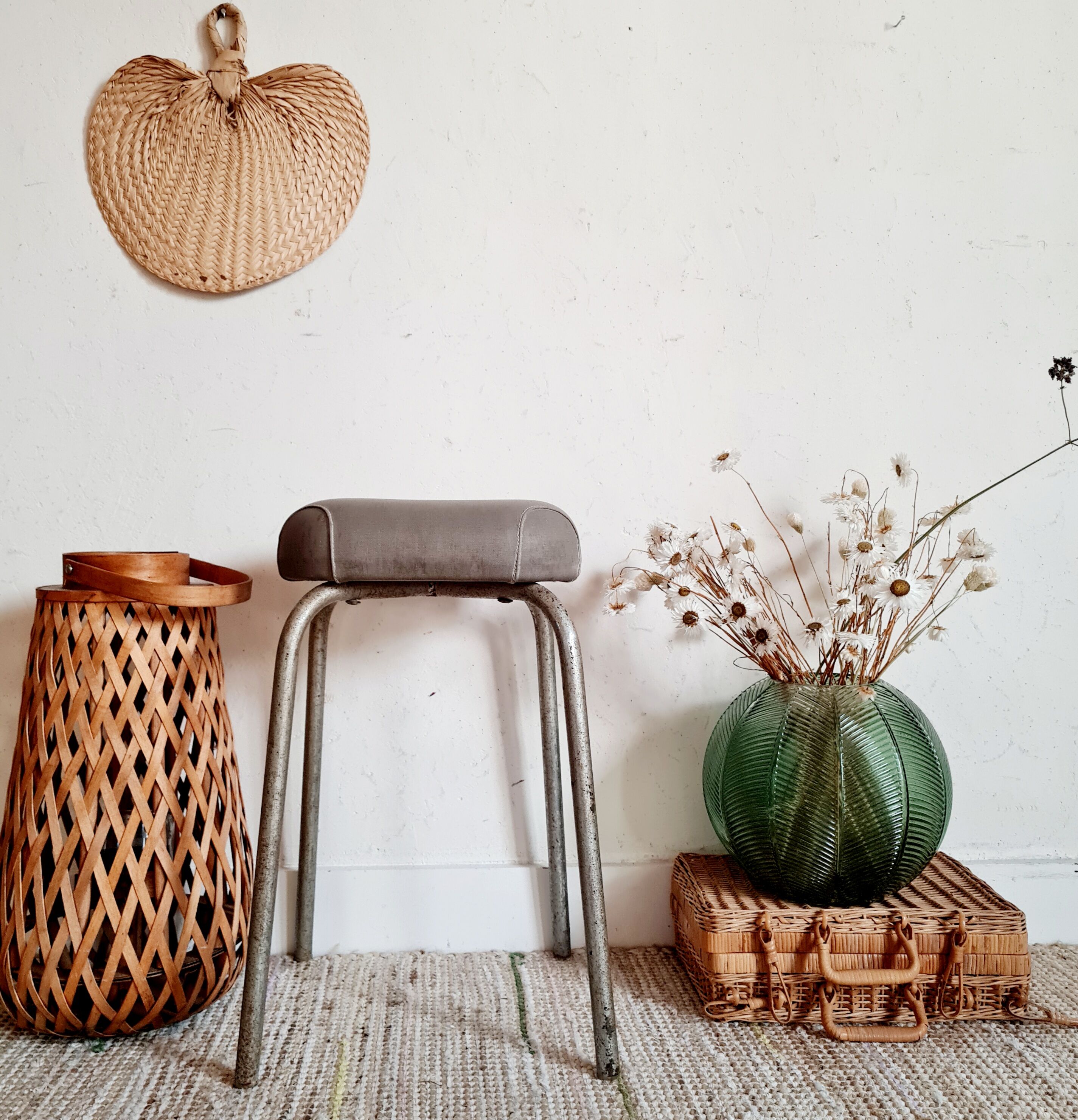 Tabouret vintage métal et skaï gris