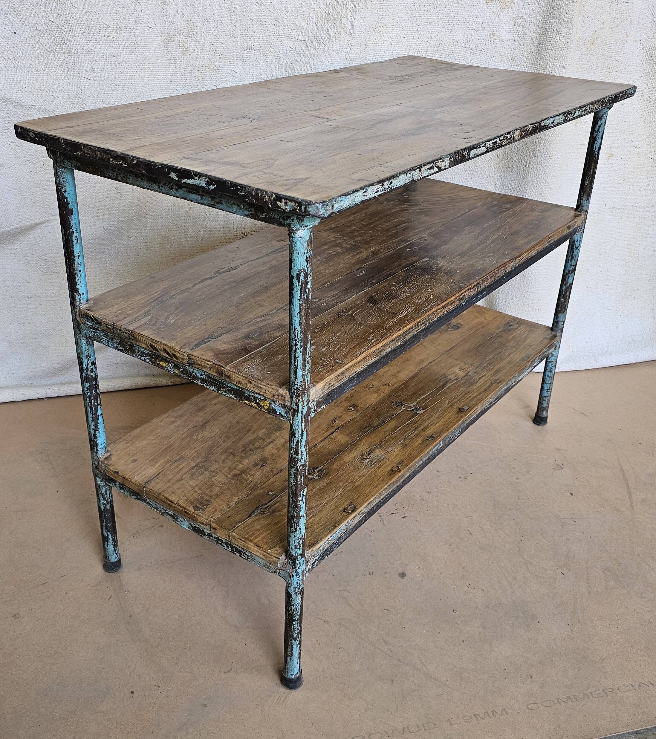 Textile workshop console in teak and wrought iron