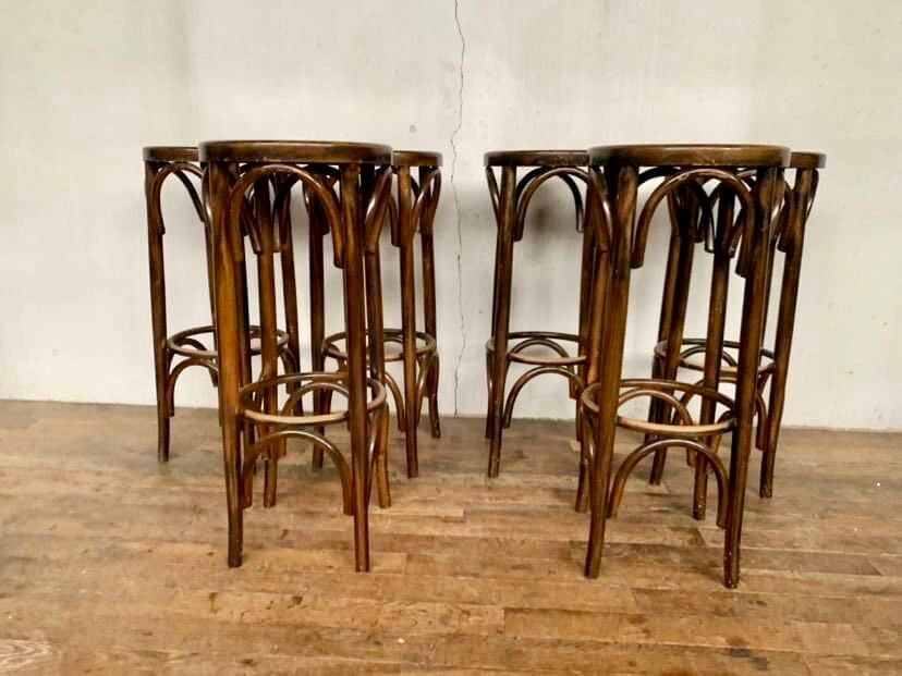 Series of 6 bar stools in curved wood