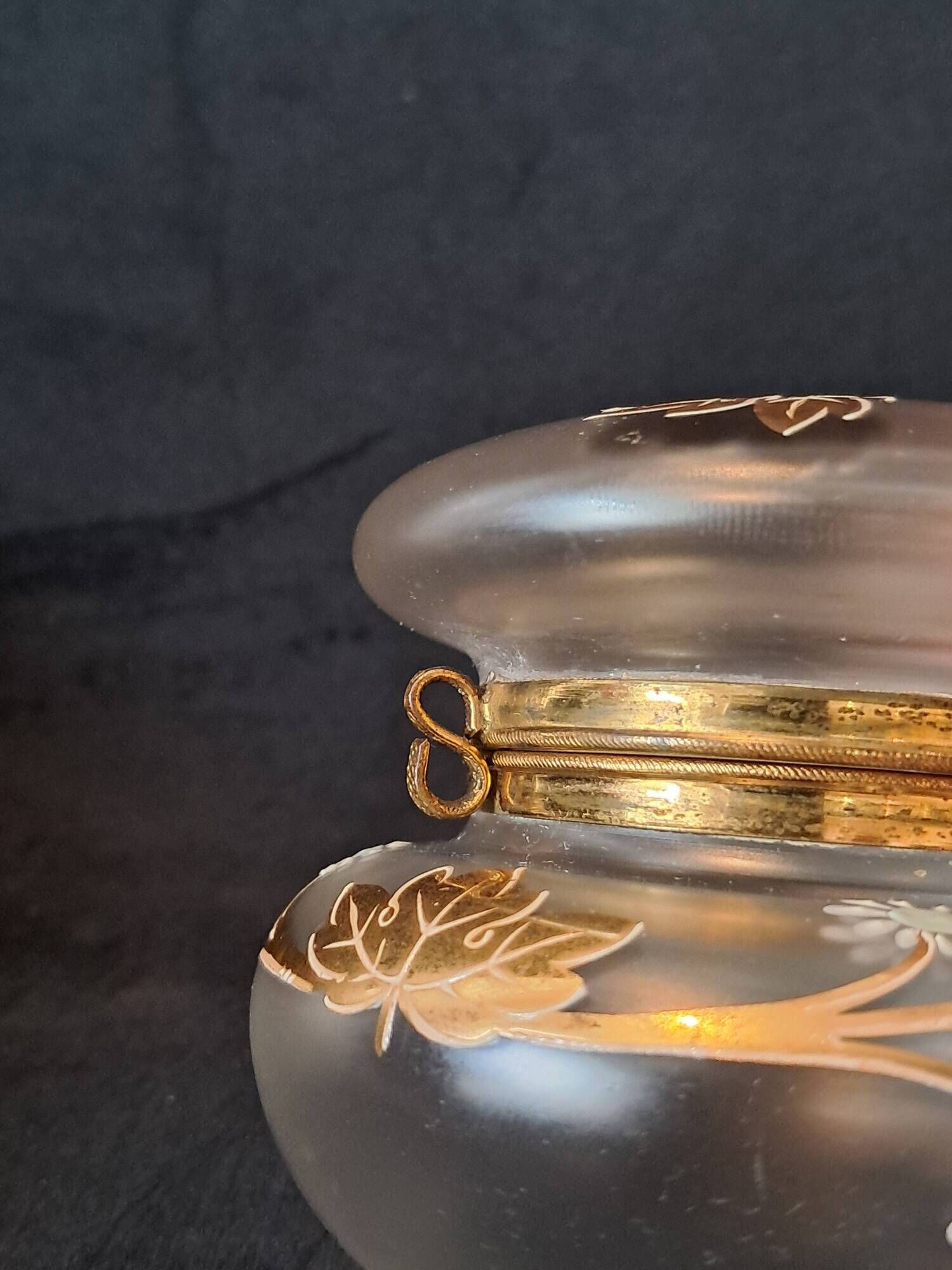 Art nouveau satin glass candy dish with enamel painted floral decor