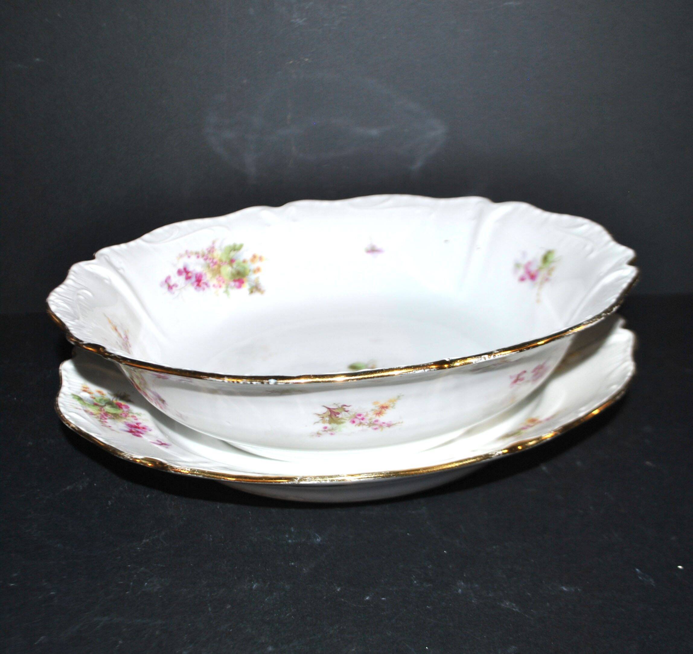 Vintage floral porcelain salad bowl with gilding + matching round plate