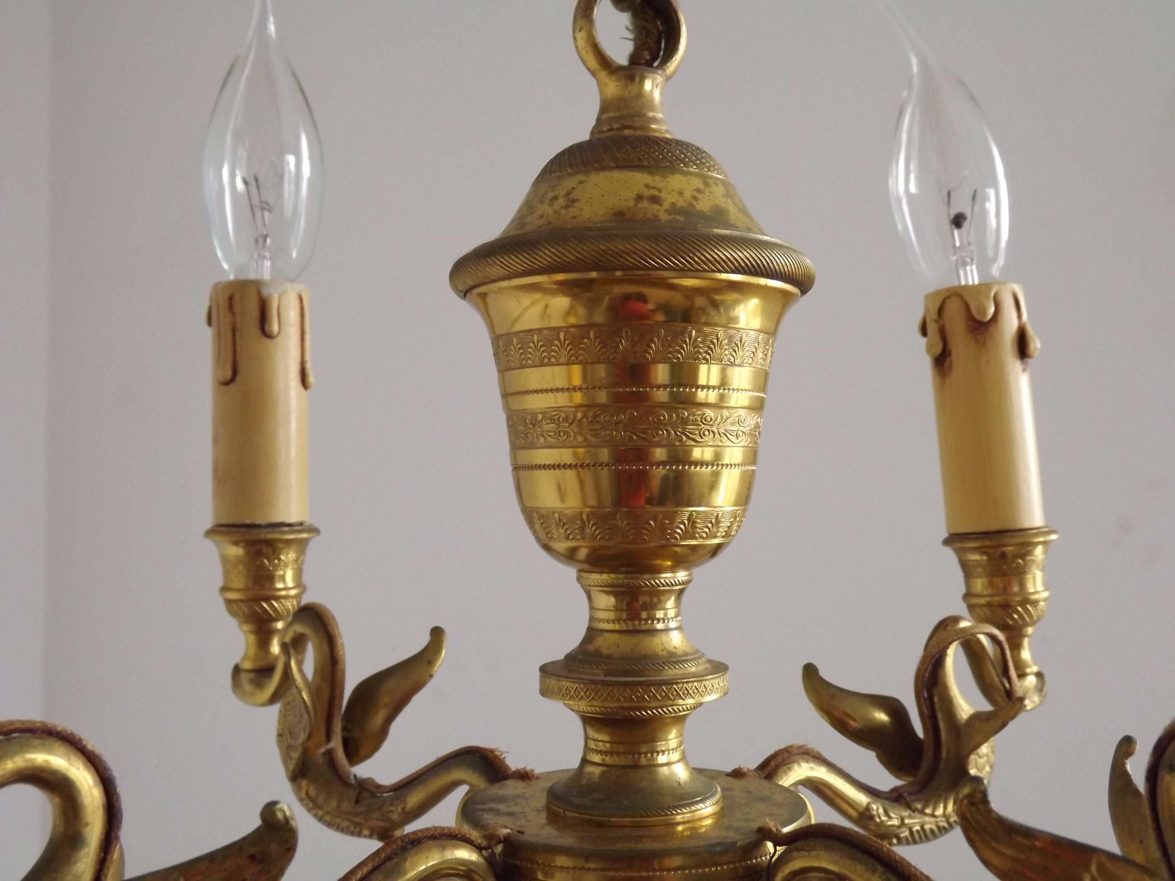 French Empire Style Bronze 4-Light Chandelier with Swan Detail Arms