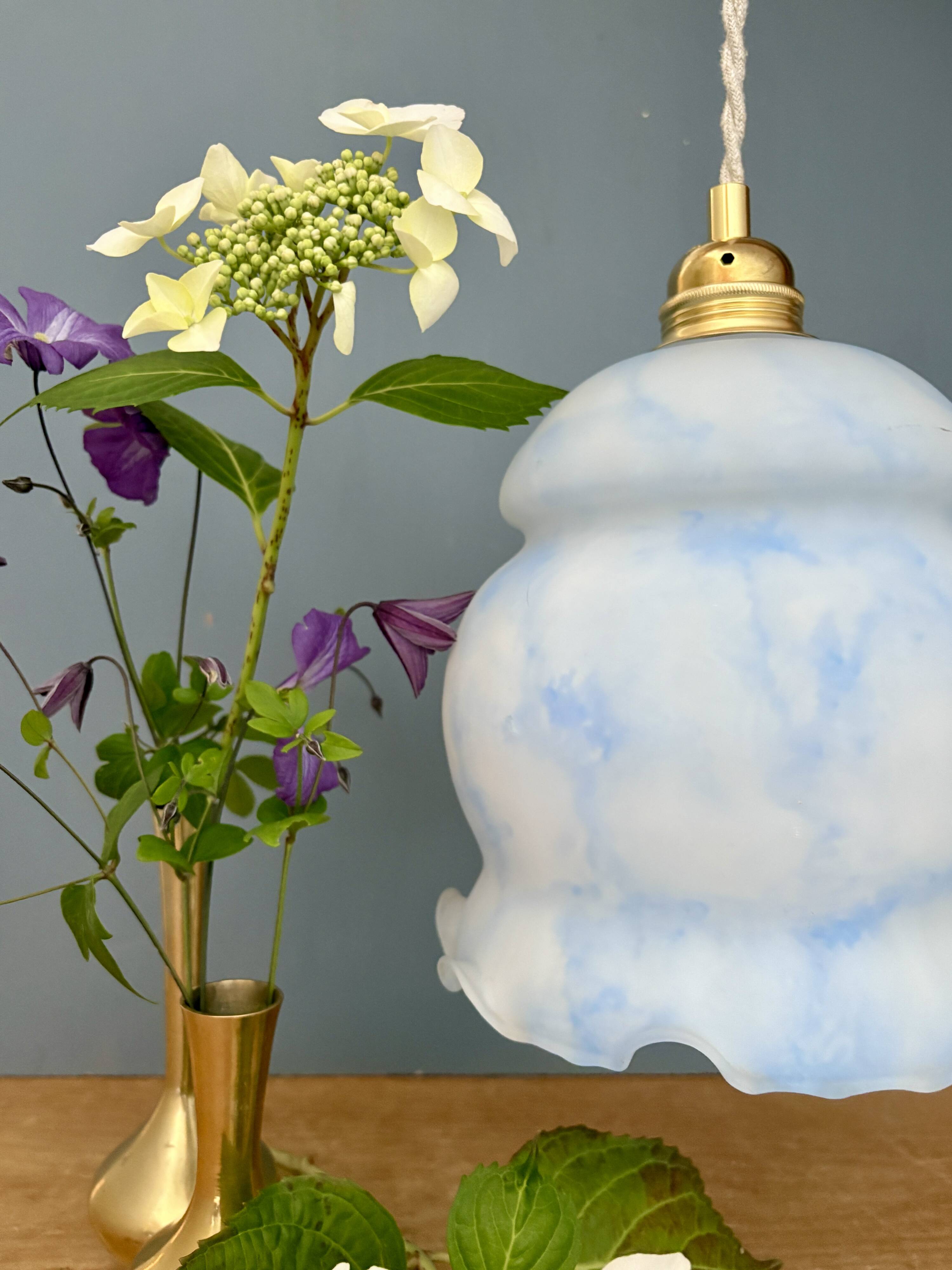 Vintage globe pendant light in white and blue opaline