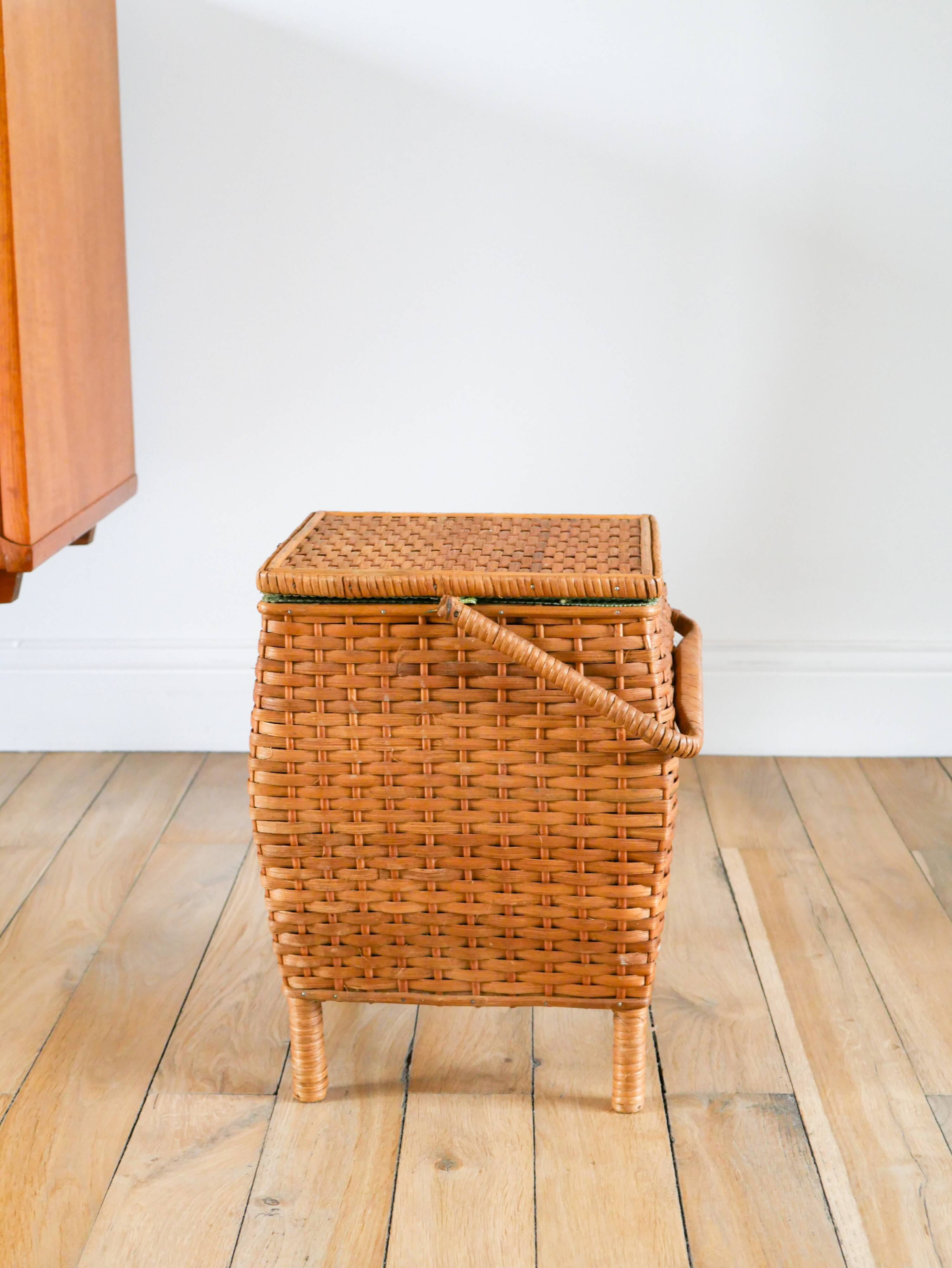 Little rattan worker, vintage green fabric interior, 1960