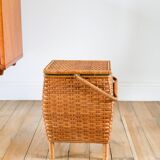 Little rattan worker, vintage green fabric interior, 1960