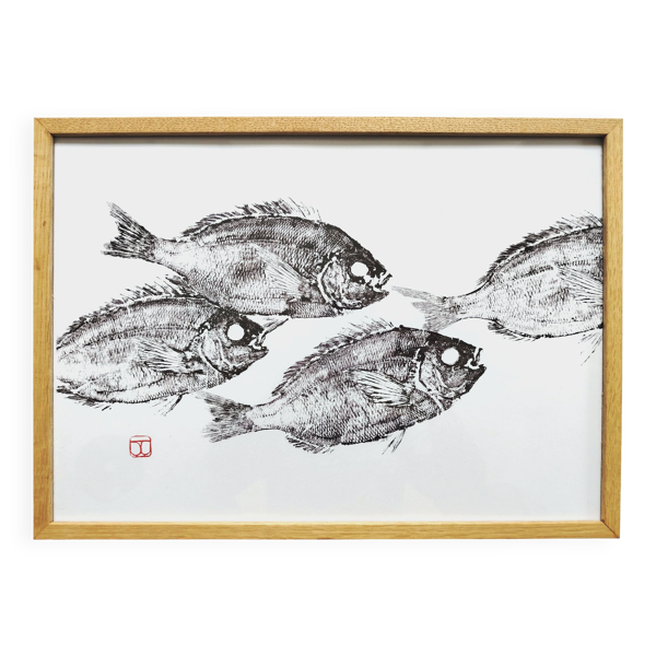 Impression d'art encadrée, ''Estampe d'un banc de dorades'' (gyotaku)