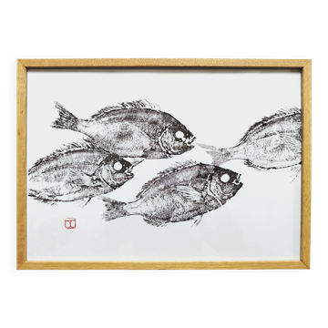 Framed art print, "Print of a school of bream" (gyotaku)