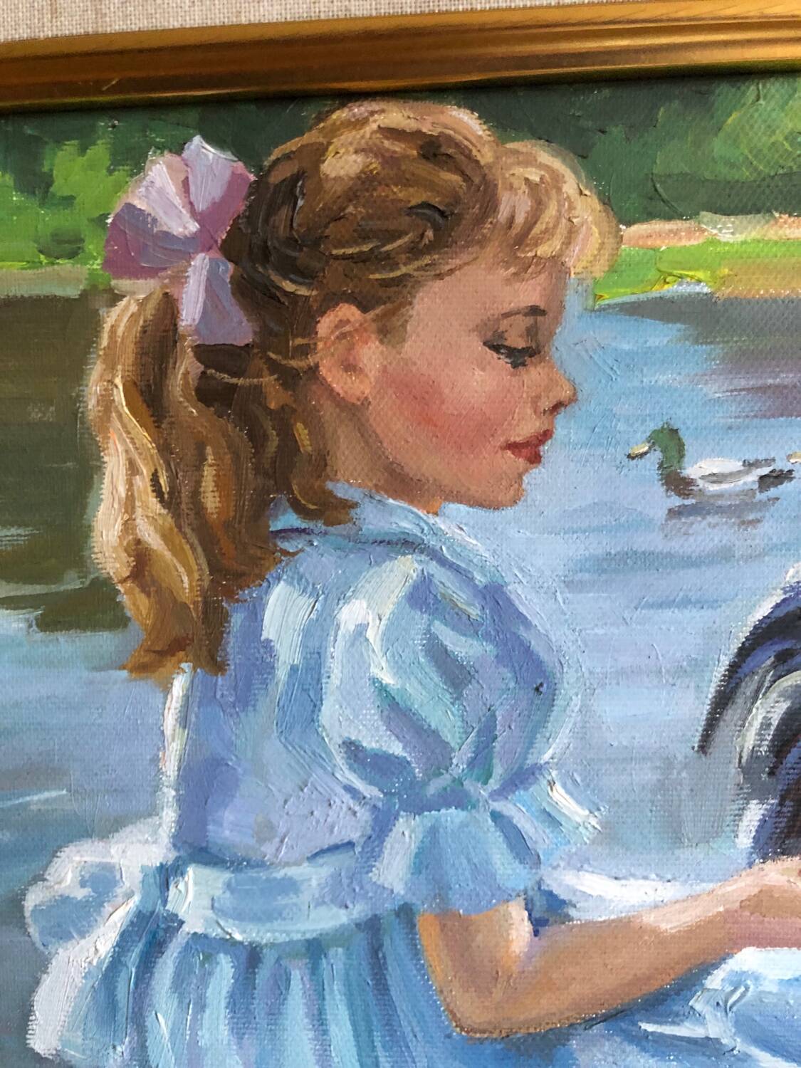 Oil on canvas young girl with chickens