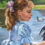 Oil on canvas young girl with chickens