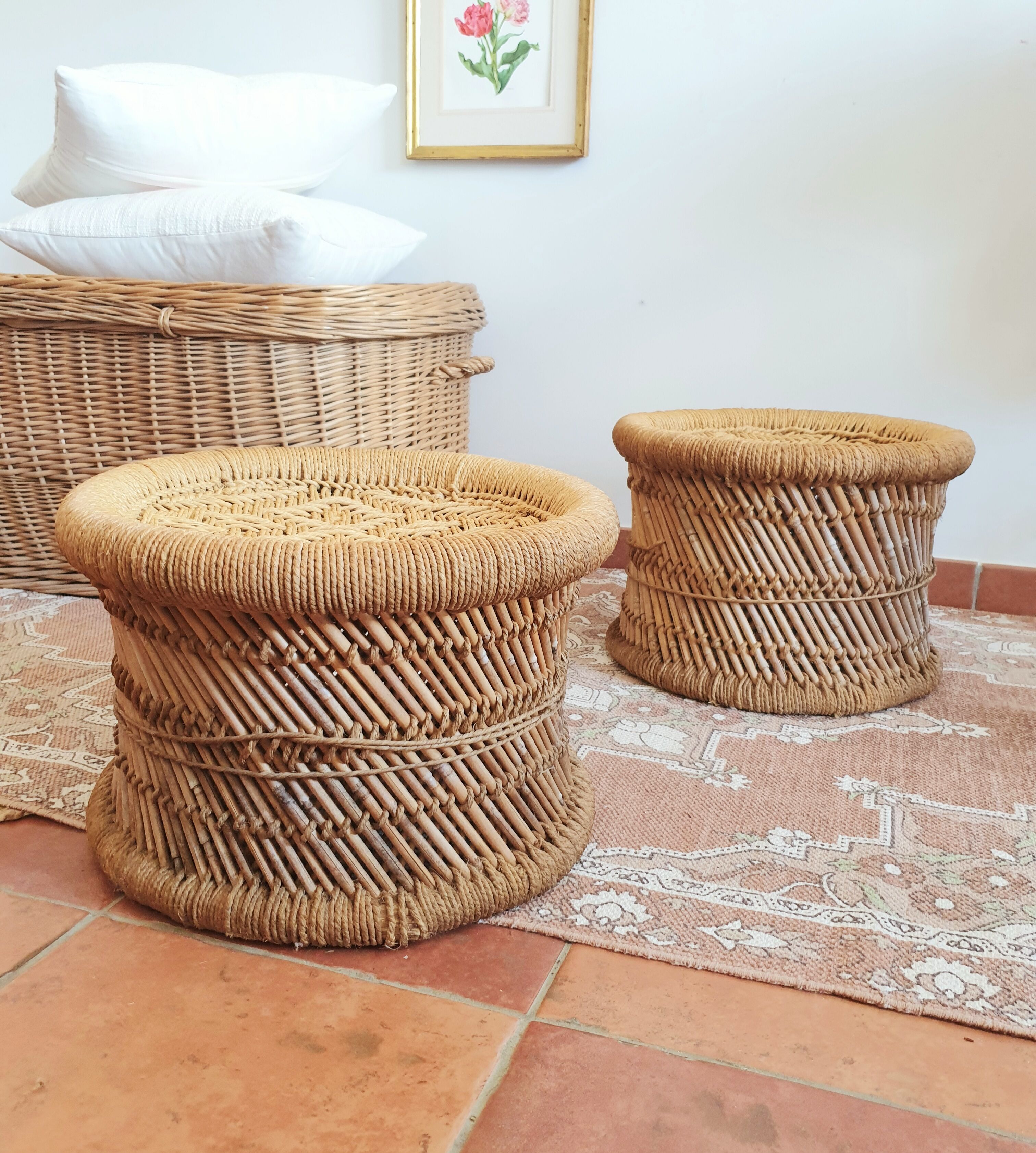 Two wicker and rattan bean ottomans