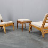 1950s pair of restored Uno and Osten Kristiansson "Hunting" chairs and ottoman