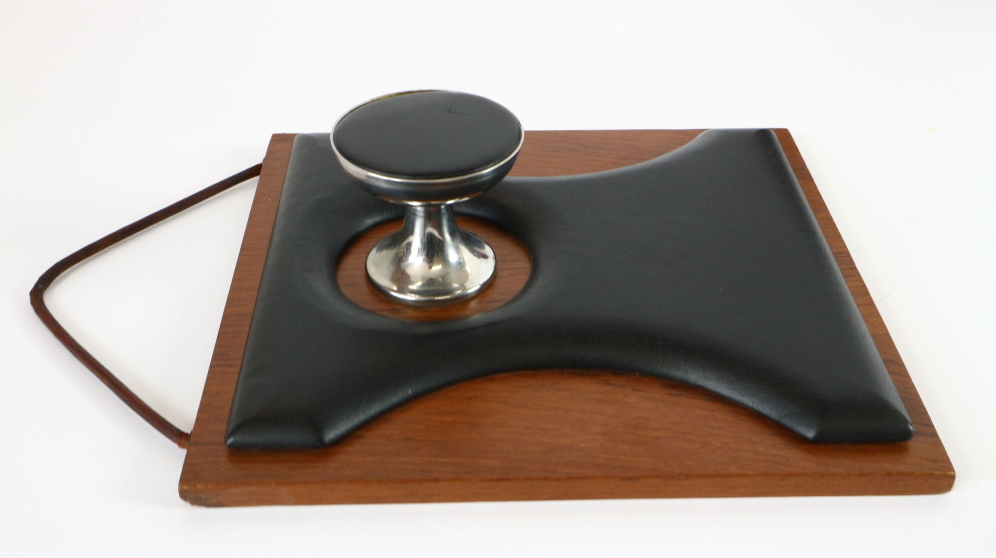 Two coat hangers, wood, leather and black leather, 70s