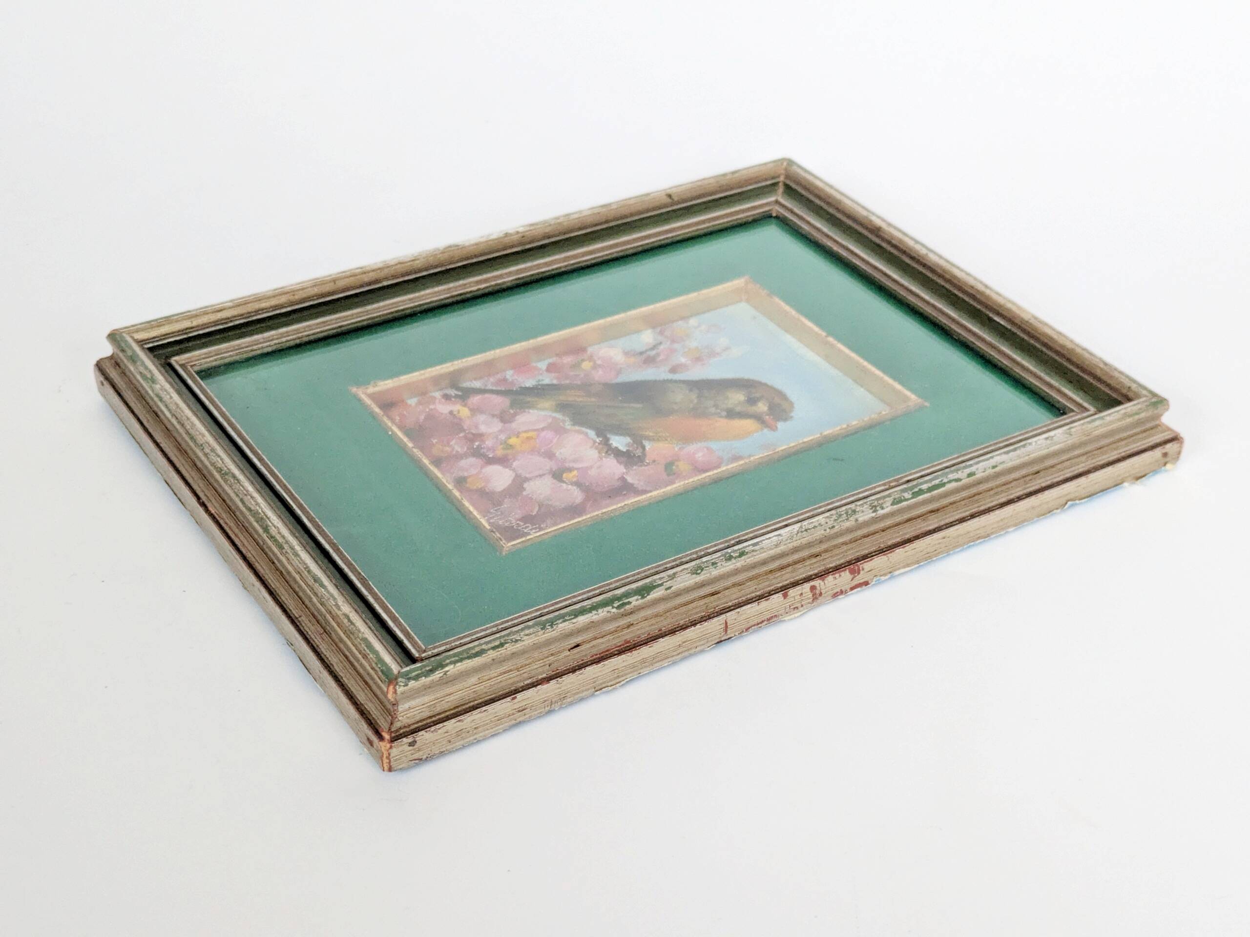 Vintage oil painting signed, robin, distressed frame.