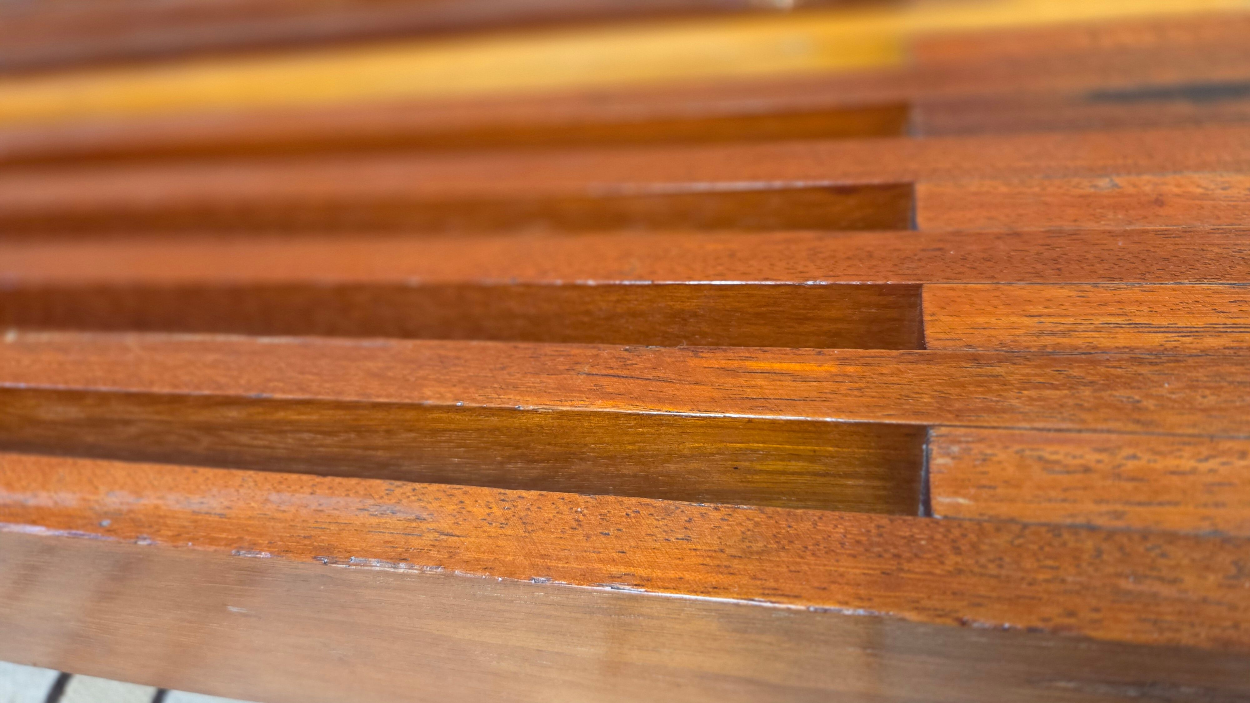 Vintage brutalist bench in solid teak with slats – 1970s