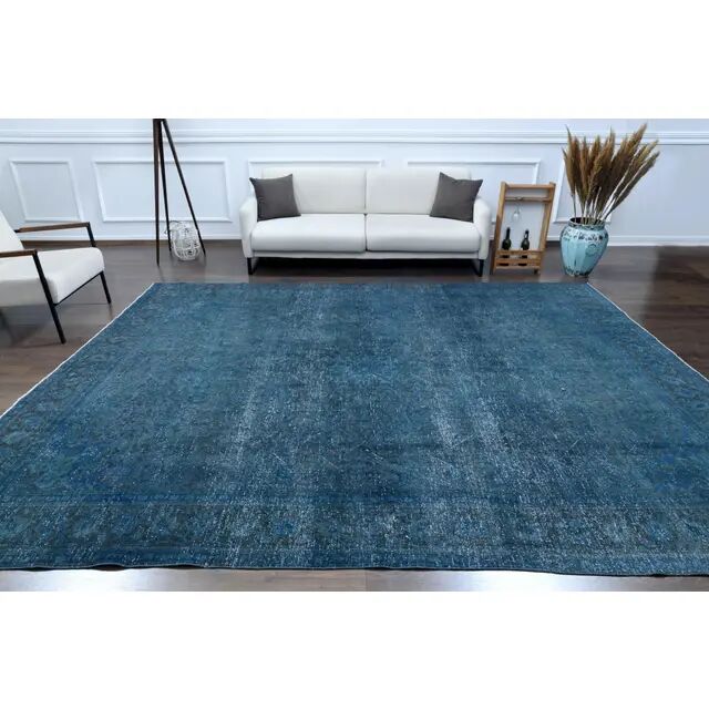1970s Vintage Persian Handmade Wool Cotton Blue Area Rug 277x360