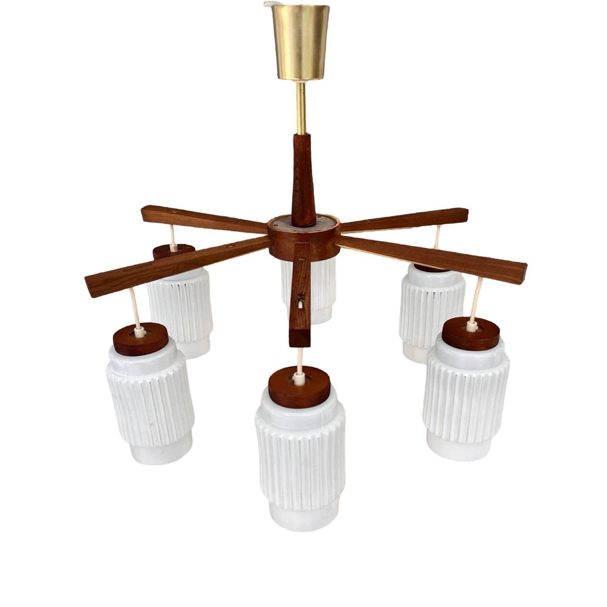 Scandinavian six-arm chandelier made of teak wood, Denmark, 1970s.