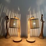 Pair of large Scandinavian lamps in natural wood.