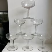 Set of 6 depicted Art Deco engraved crystal champagne glasses mismatched 50s