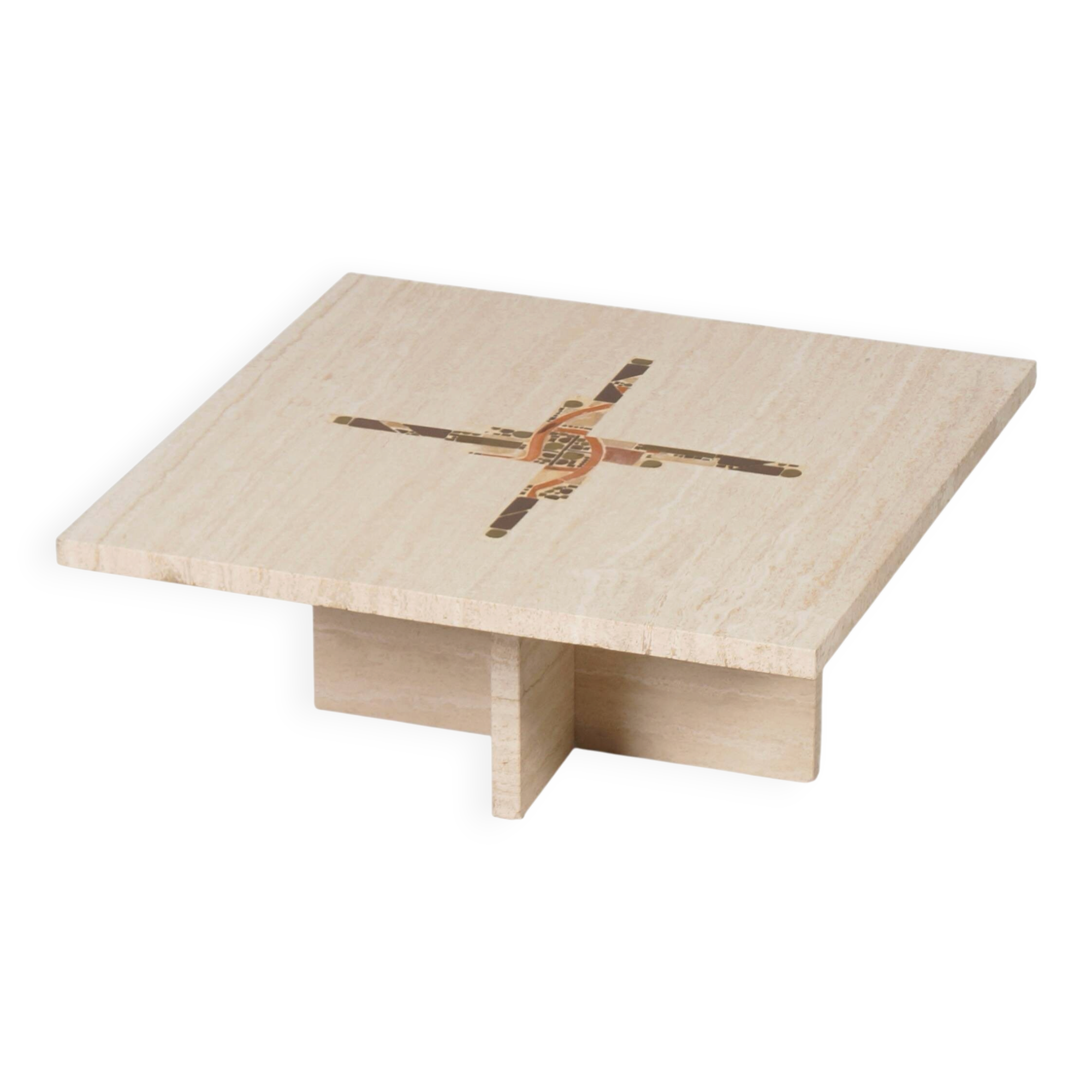 Coffee table by Paul Kingma in travertine with marble and brass inlay, 1980
