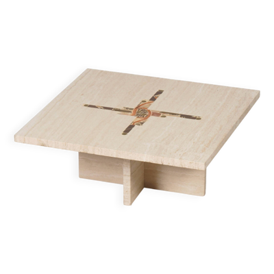 Table basse par Paul Kingma en travertin avec incrustations en marbre et en laiton, 1980