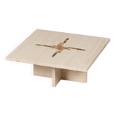 Table basse par Paul Kingma en travertin avec incrustations en marbre et en laiton, 1980