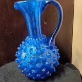 Cobalt blue vase pitcher Empolie in bubbled glass with dots.