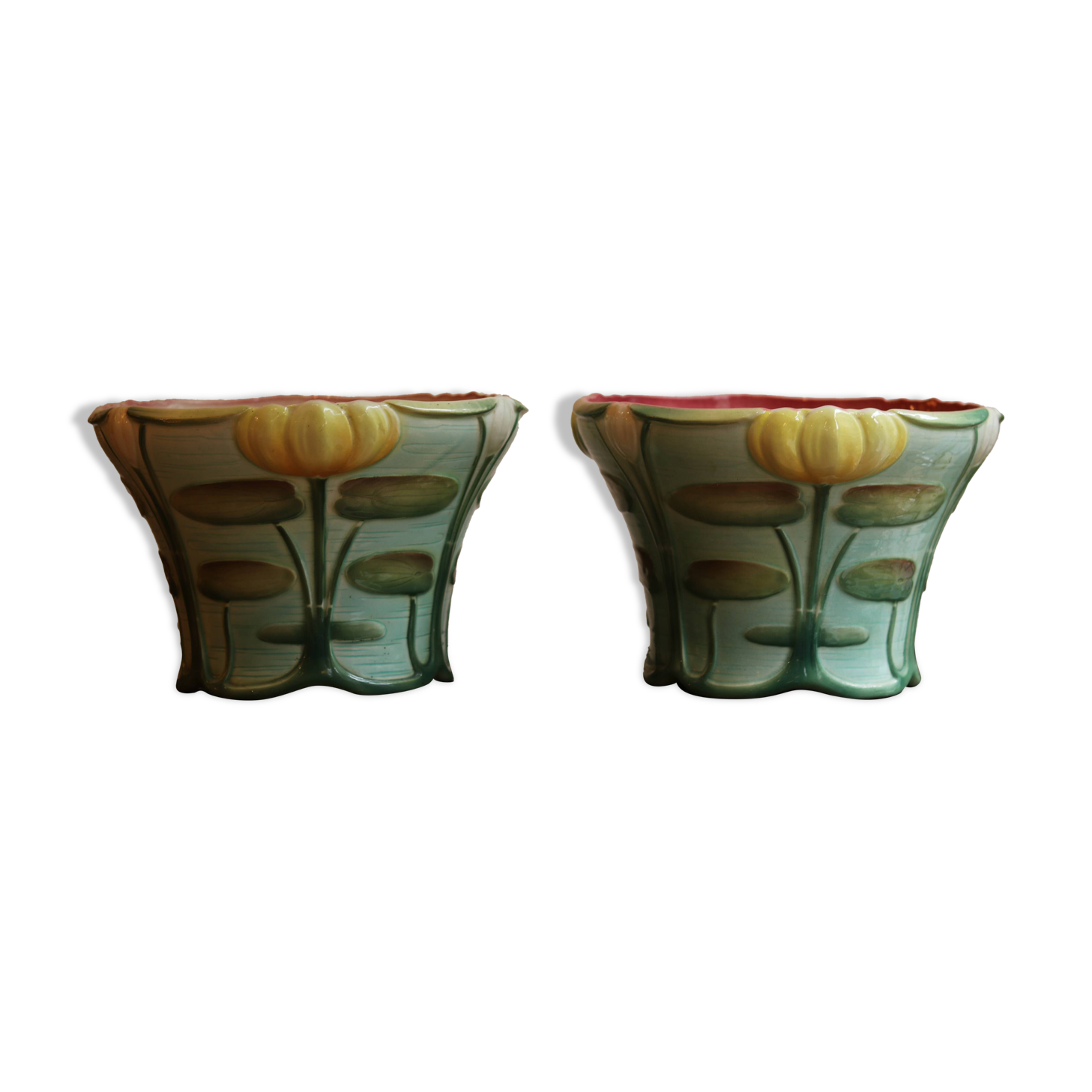 Pair of Art Nouveau cache-pots in barbotine, Saint-Clément manufacture, ve