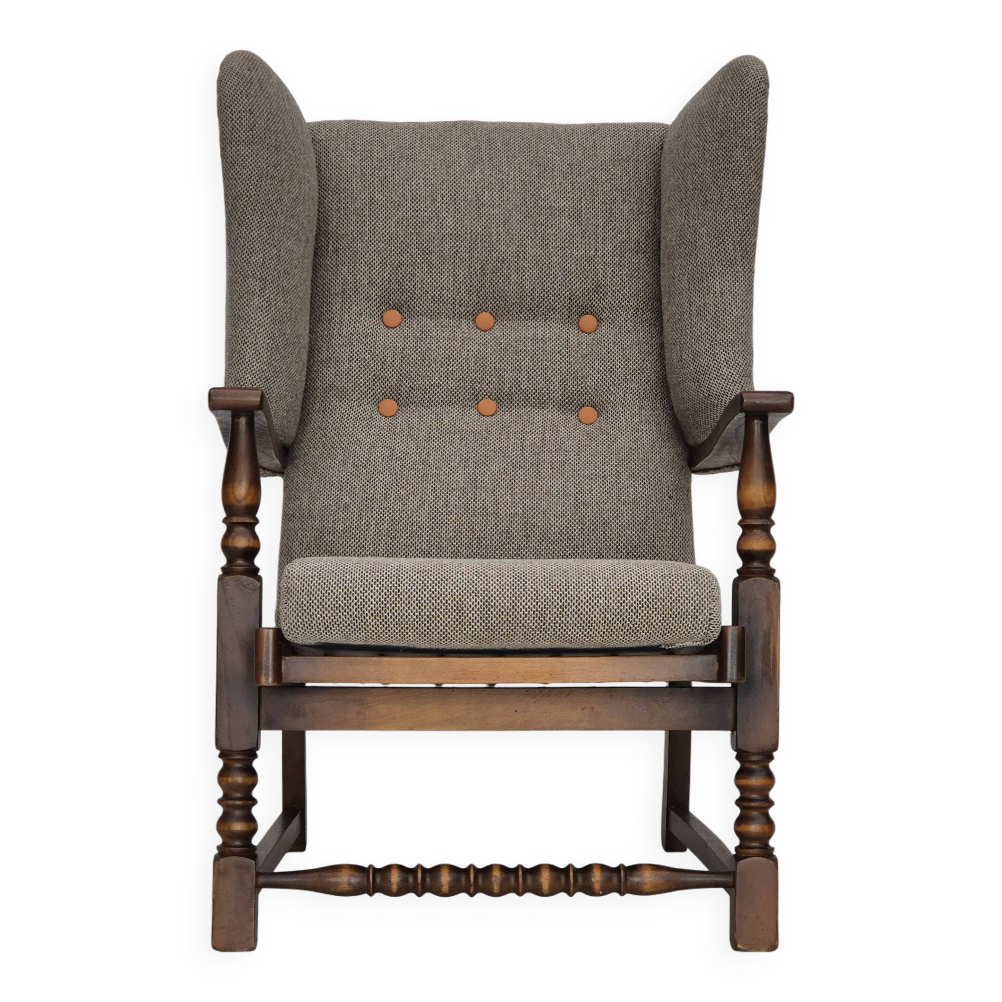 1960s, Scandinavian design, reupholstered high-back armchair, furniture wool, oak wood.