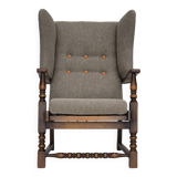 1960s, Scandinavian design, reupholstered high-back armchair, furniture wool, oak wood.