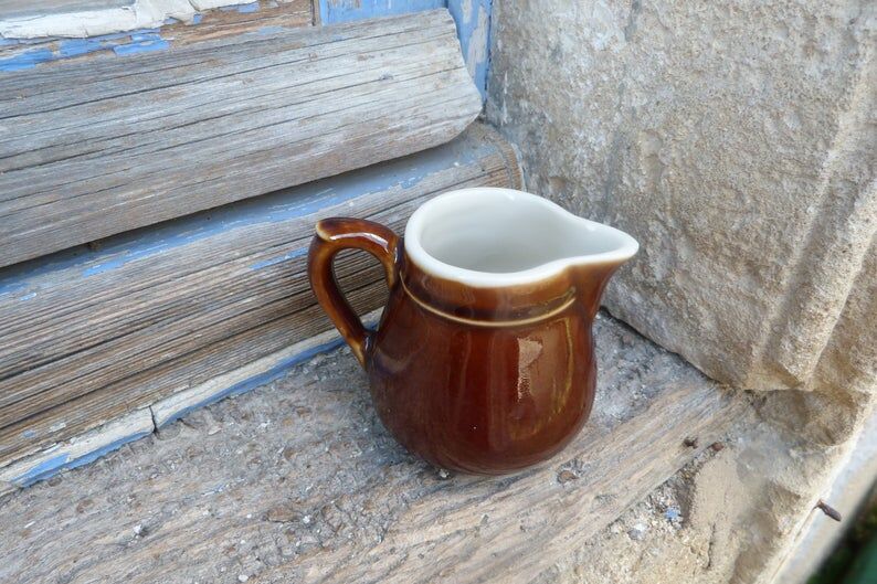 Small white brown ceramic milk pot bistro style