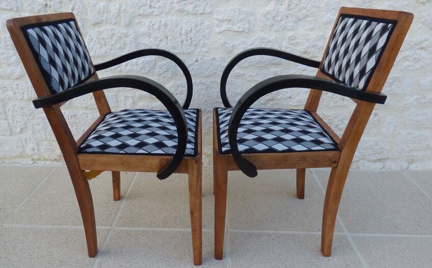 2 bridge armchairs in solid wood with totally restyled fabrics