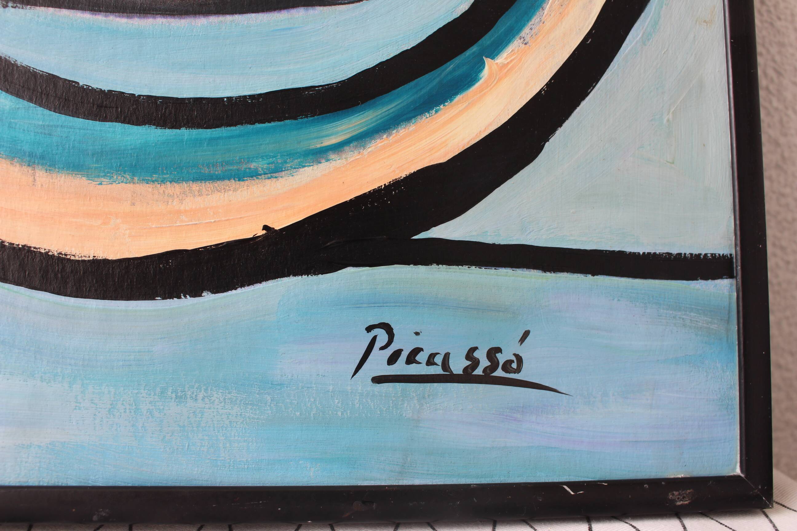 1970s Blue Green Cubist Figurative Painting, Framed