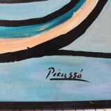 Peinture figurative cubiste bleu-vert des années 1970, encadrée