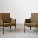 Pair of vintage armchairs in oak and embossed fabric, with old republished certificate of authenticity