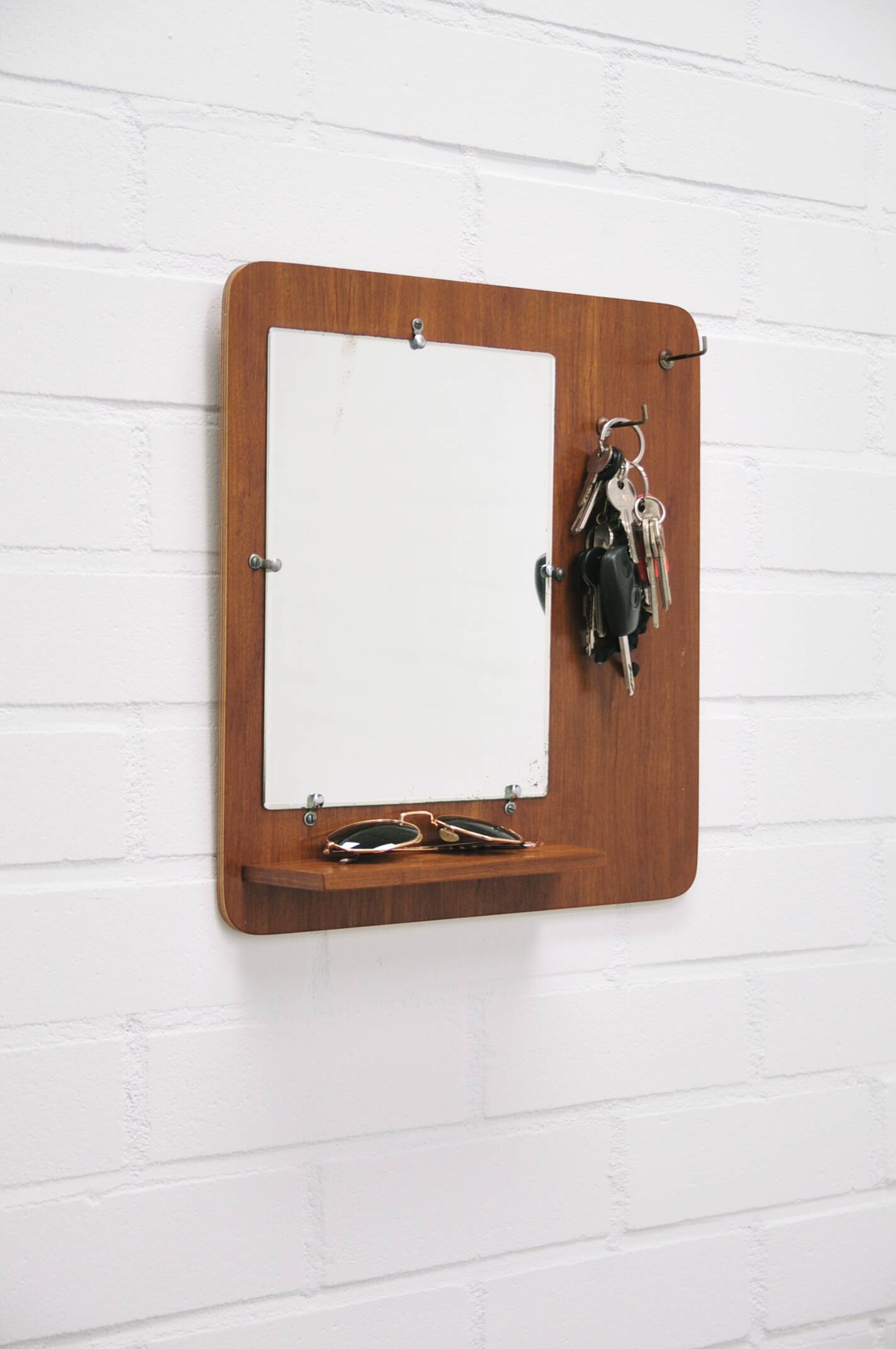 vintage teak wall mirror with hooks