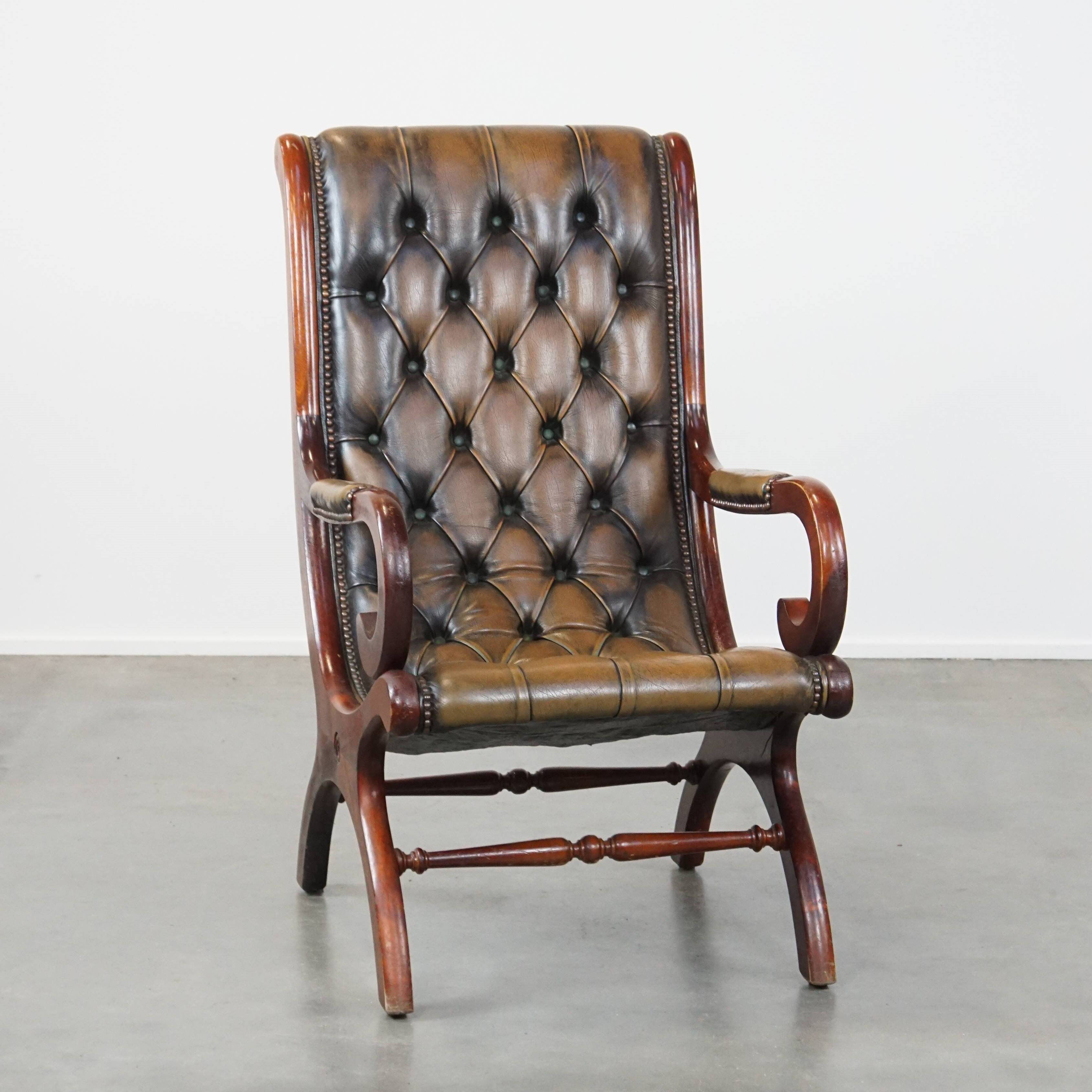 Green Vintage English Chesterfield Armchair with Wood Accents